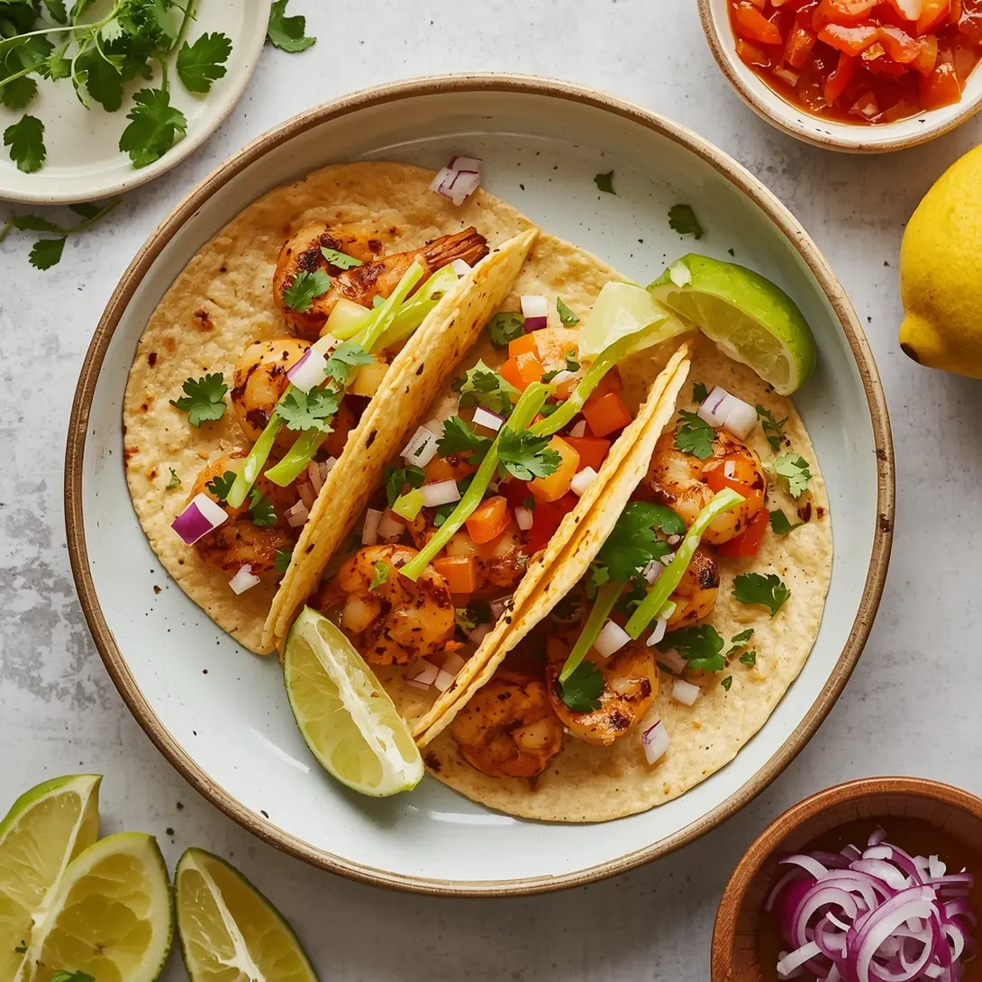 A serving of 20-minute lemon shrimp tacos with fresh toppings.