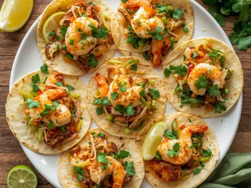 A serving of 20-minute lemon shrimp tacos with fresh toppings.