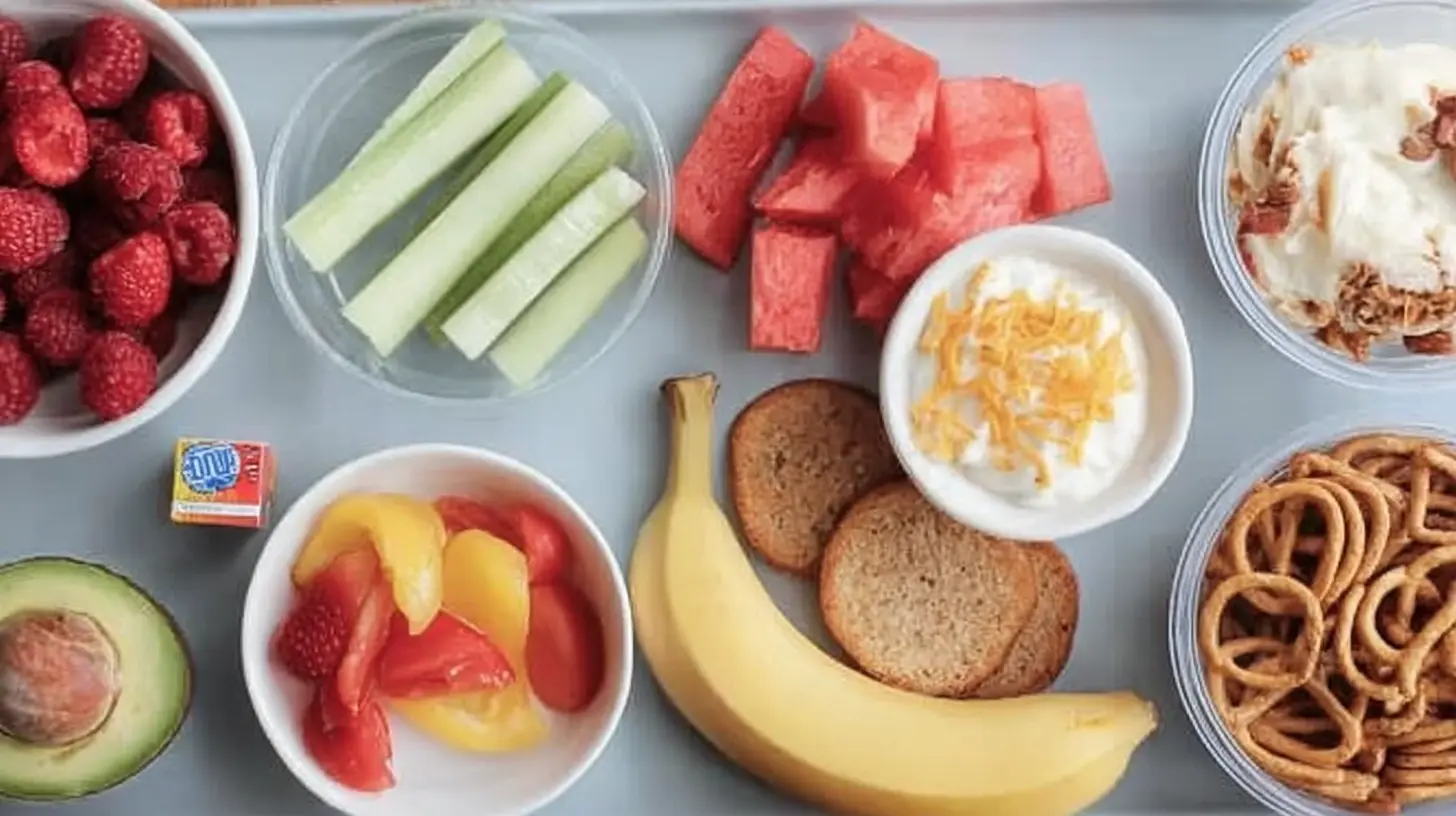 Various appealing after school snacks neatly arranged on a table for kids.