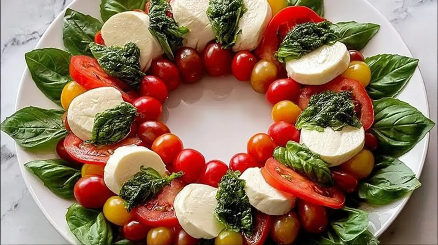 An amazing food platter of Christmas appetizers arranged festively on a table.