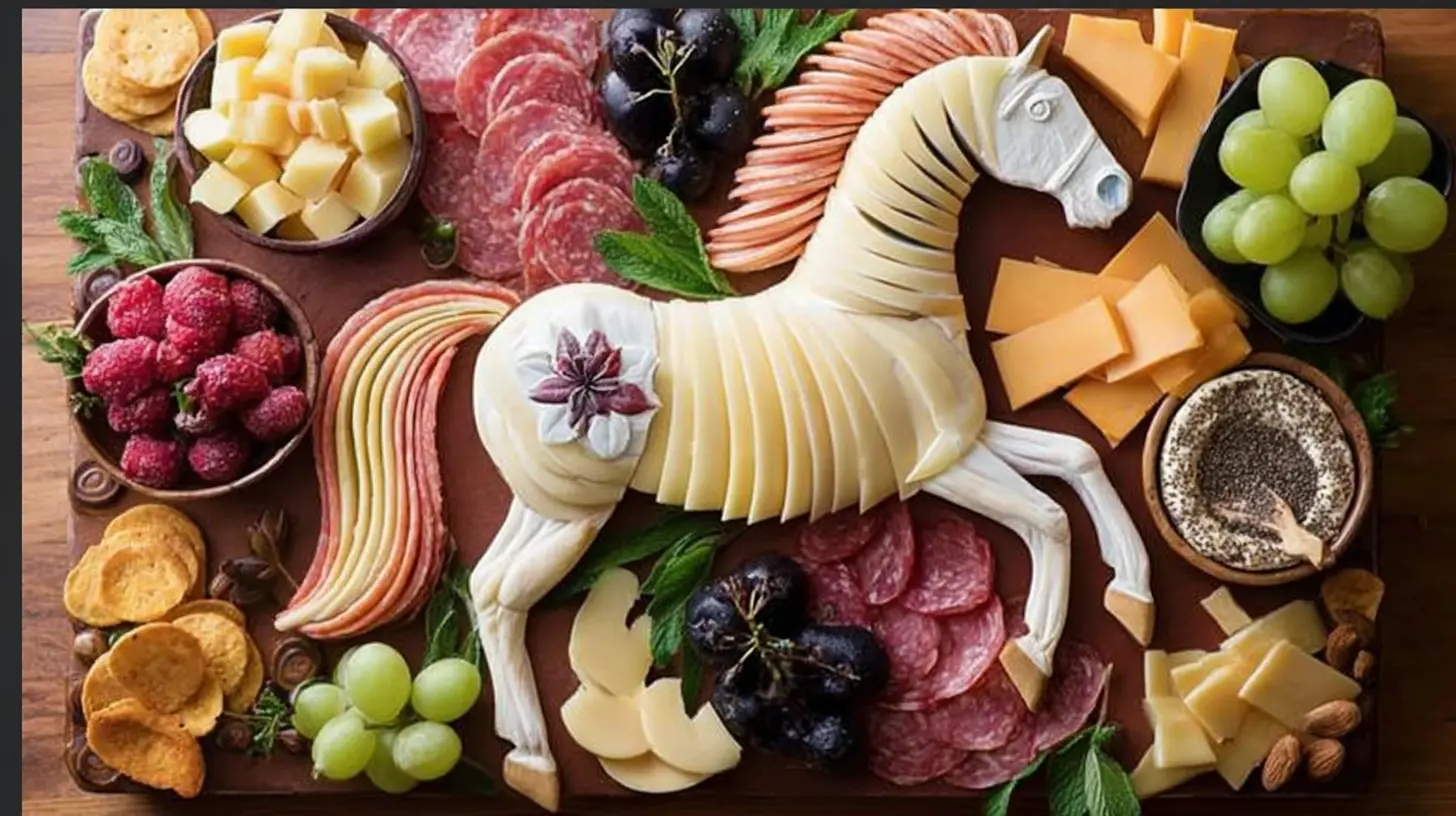 An amazing food platter featuring a variety of cheeses, meats, fruits, and crackers arranged aesthetically.