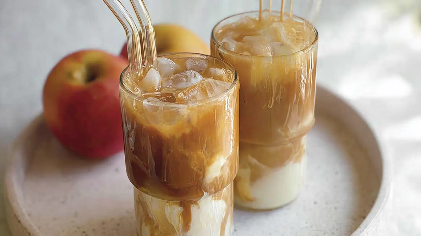 A tall glass of apple iced coffee with ice cubes