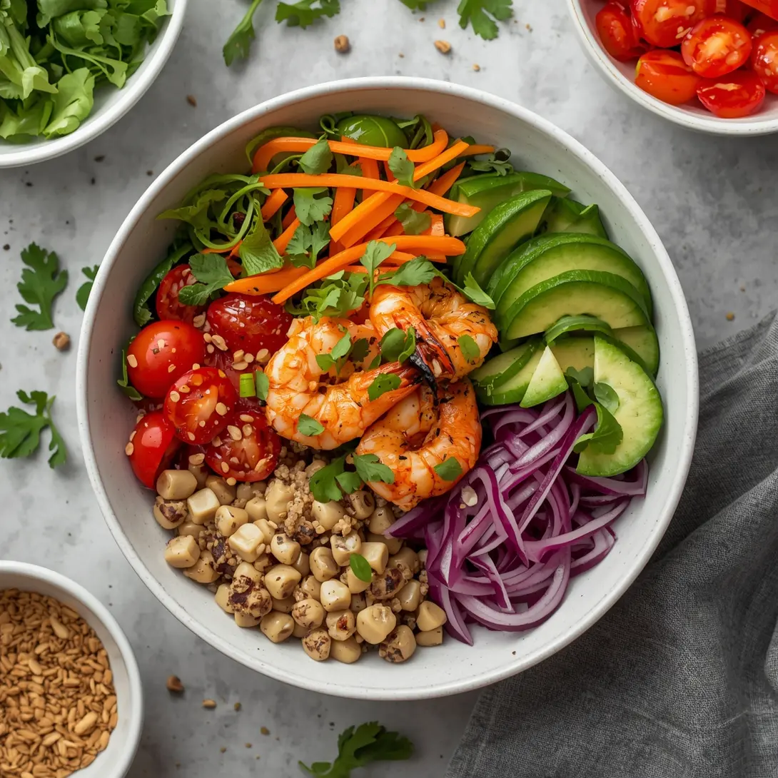 A vibrant Asian shrimp fried quinoa bowl with fresh vegetables