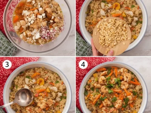 A vibrant Asian shrimp fried quinoa bowl with fresh vegetables