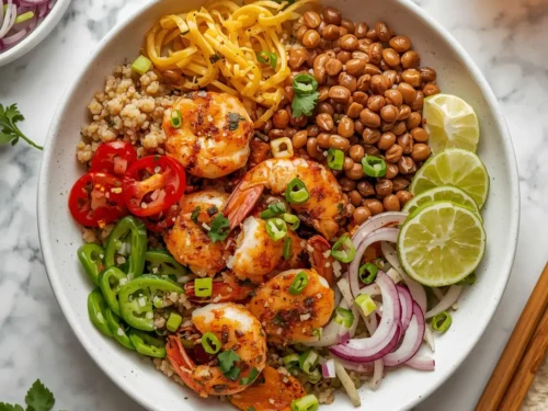 A vibrant Asian shrimp fried quinoa bowl with fresh vegetables