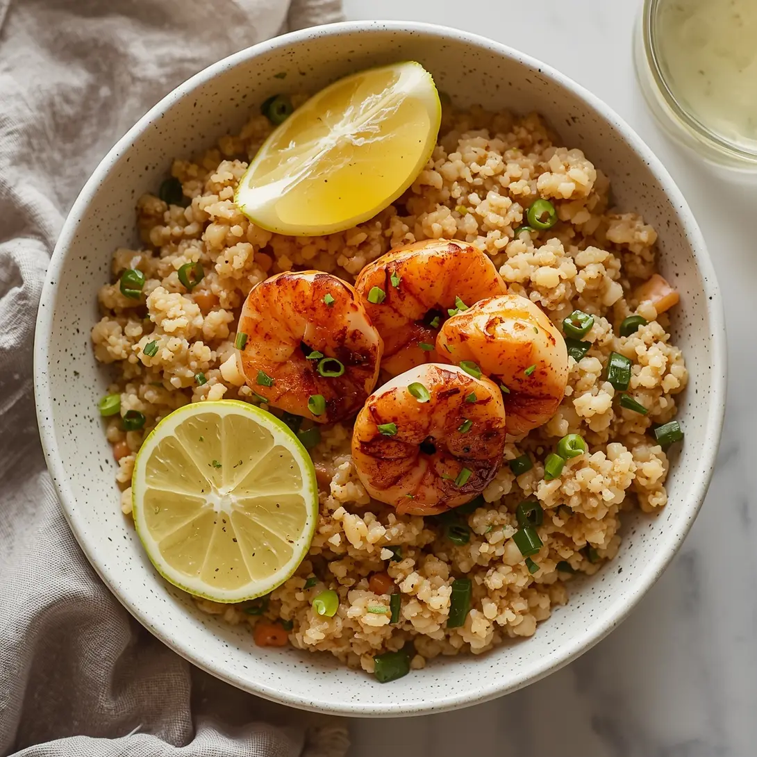 A vibrant Asian shrimp fried quinoa bowl with fresh vegetables