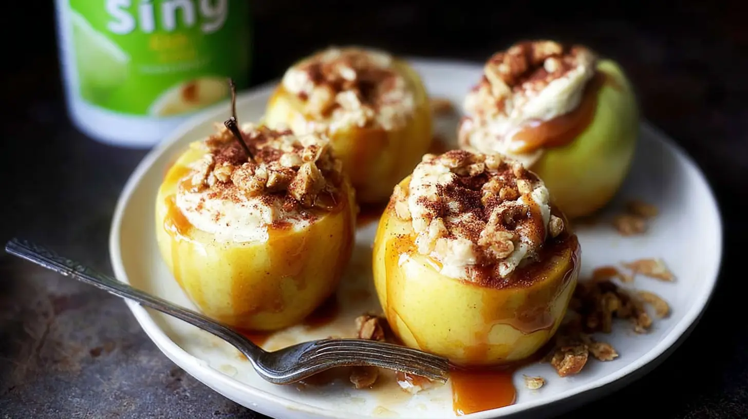 Golden-brown baked apples filled with creamy cheesecake mixture