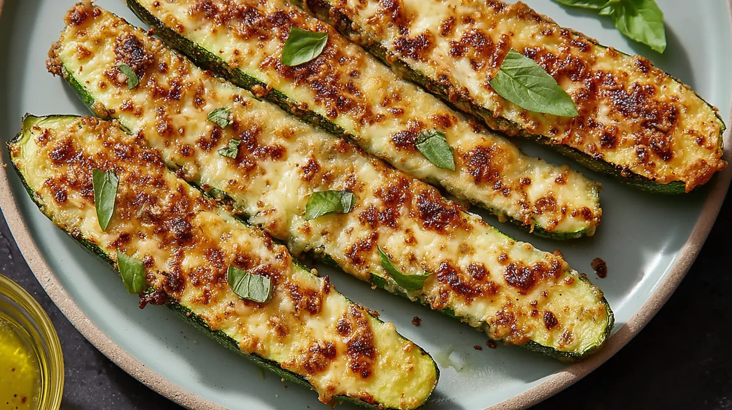 Baked zucchini steaks topped with melted cheese and garlic