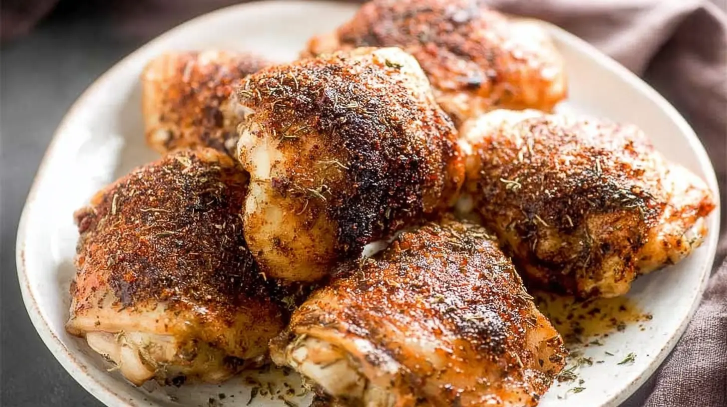 Expertly baked chicken thighs with crispy skin, ready to serve.