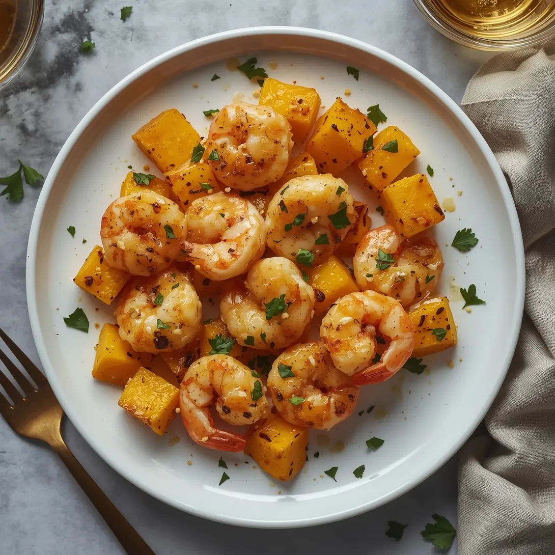 A serving of baked garlic parmesan shrimp accompanied by squash