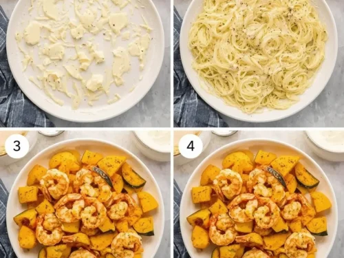 A serving of baked garlic parmesan shrimp accompanied by squash