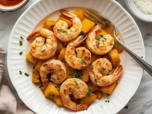 A serving of baked garlic parmesan shrimp accompanied by squash
