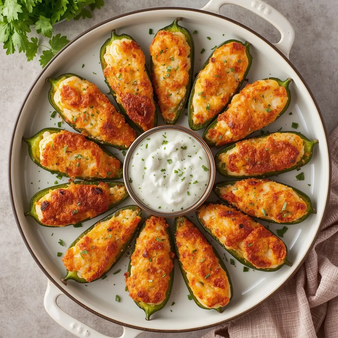 A platter of baked jalapeño shrimp poppers arranged on a serving dish.