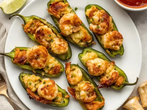 A platter of baked jalapeño shrimp poppers arranged on a serving dish.