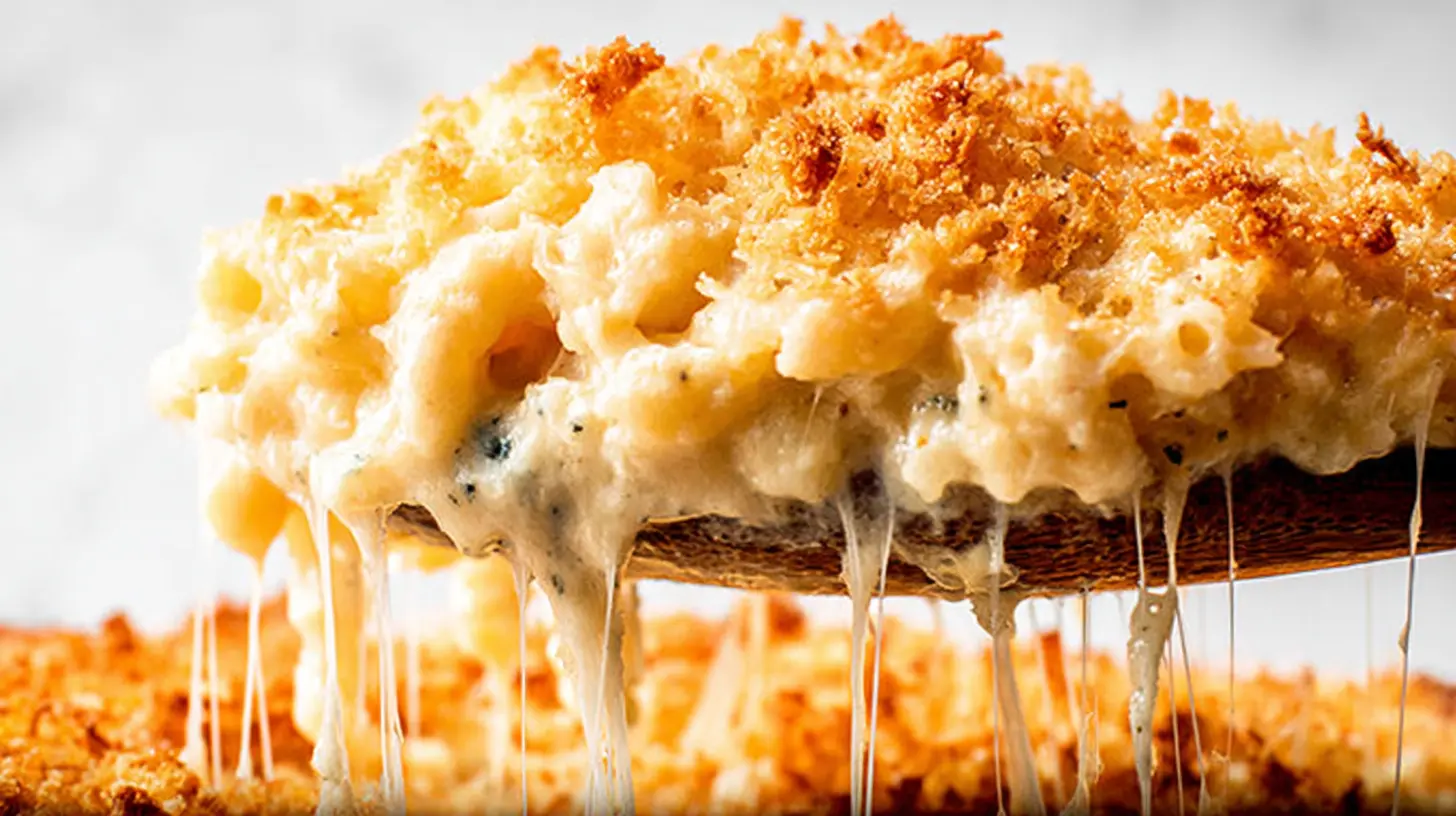 A bubbling casserole dish of baked mac and cheese recipe, fresh from the oven