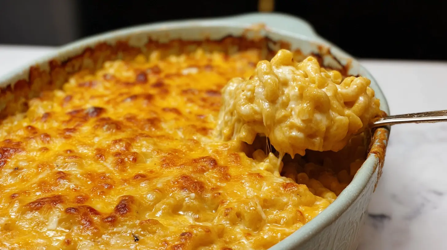 A bubbling dish of baked macaroni and cheese fresh from the oven
