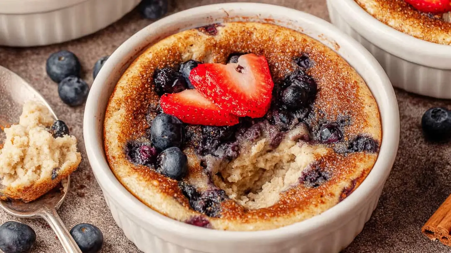 Delicious baked protein pancake bowls topped with fresh fruit