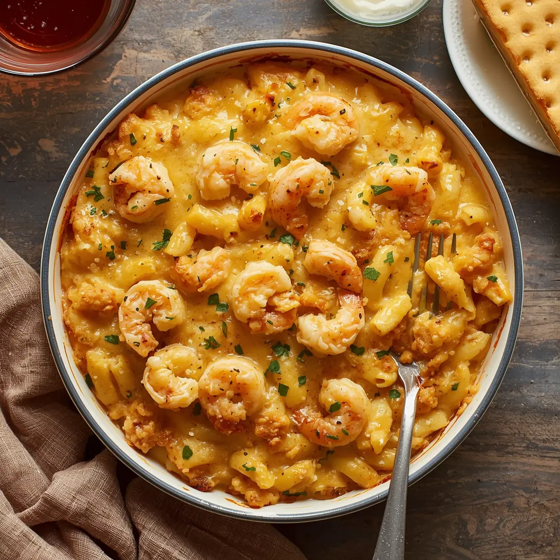 A baked shrimp mac and cheese casserole bubbling hot from the oven.