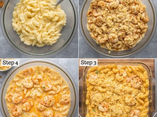 A baked shrimp mac and cheese casserole bubbling hot from the oven.