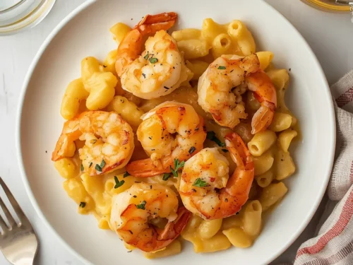 A baked shrimp mac and cheese casserole bubbling hot from the oven.