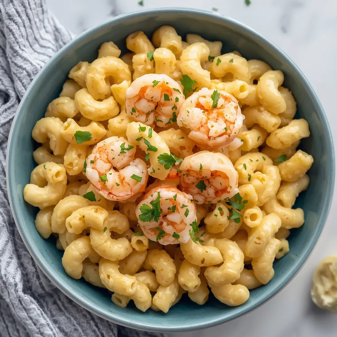 A baked shrimp mac and cheese casserole bubbling hot from the oven.