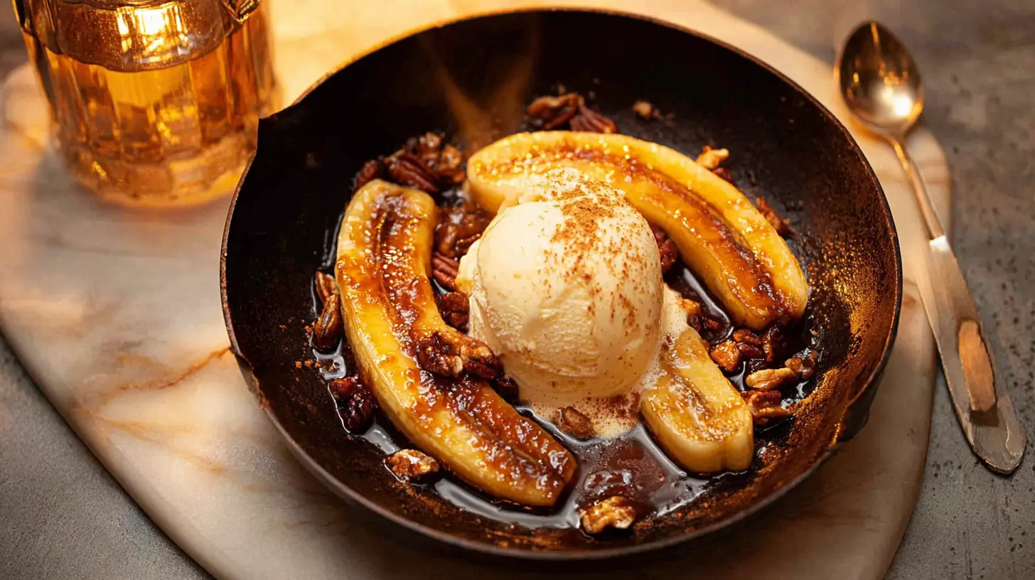 A delicious banana foster recipe with caramelized bananas and ice cream.