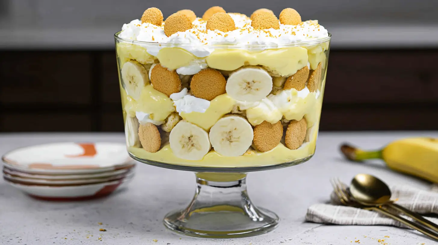 A visually appealing banana pudding trifle with distinct layers of pudding, bananas, and wafers