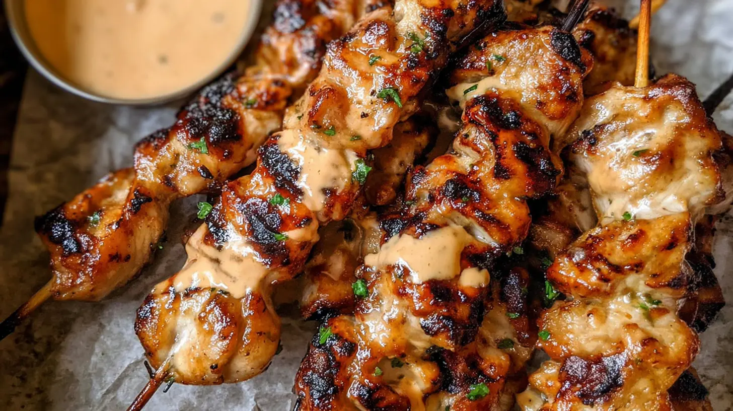 Delicious bang bang chicken skewers, perfectly grilled and seasoned.