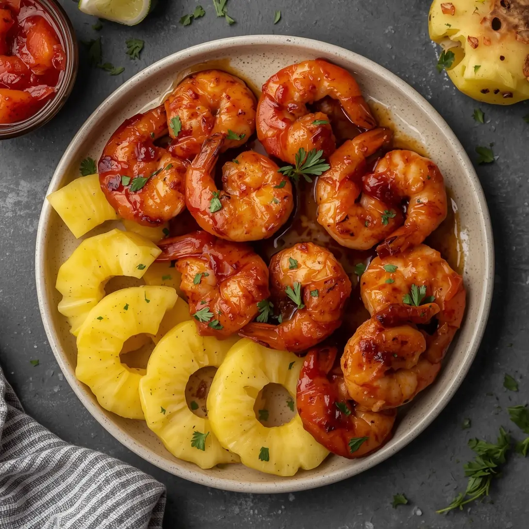 A serving of BBQ glazed shrimp with fresh pineapple slices on a plate.
