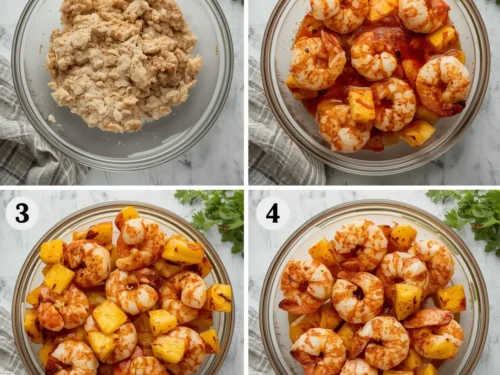 A serving of BBQ glazed shrimp with fresh pineapple slices on a plate.