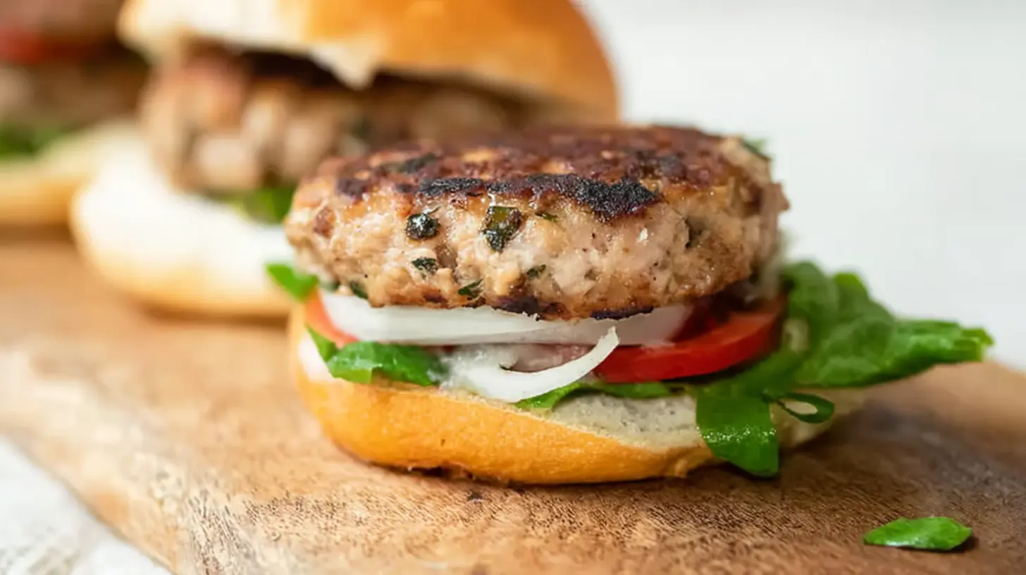 A delicious turkey burger patty, perfectly seared on a grill