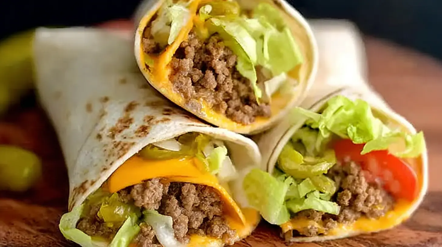 Four homemade big mac wraps with sesame seeds and sauce
