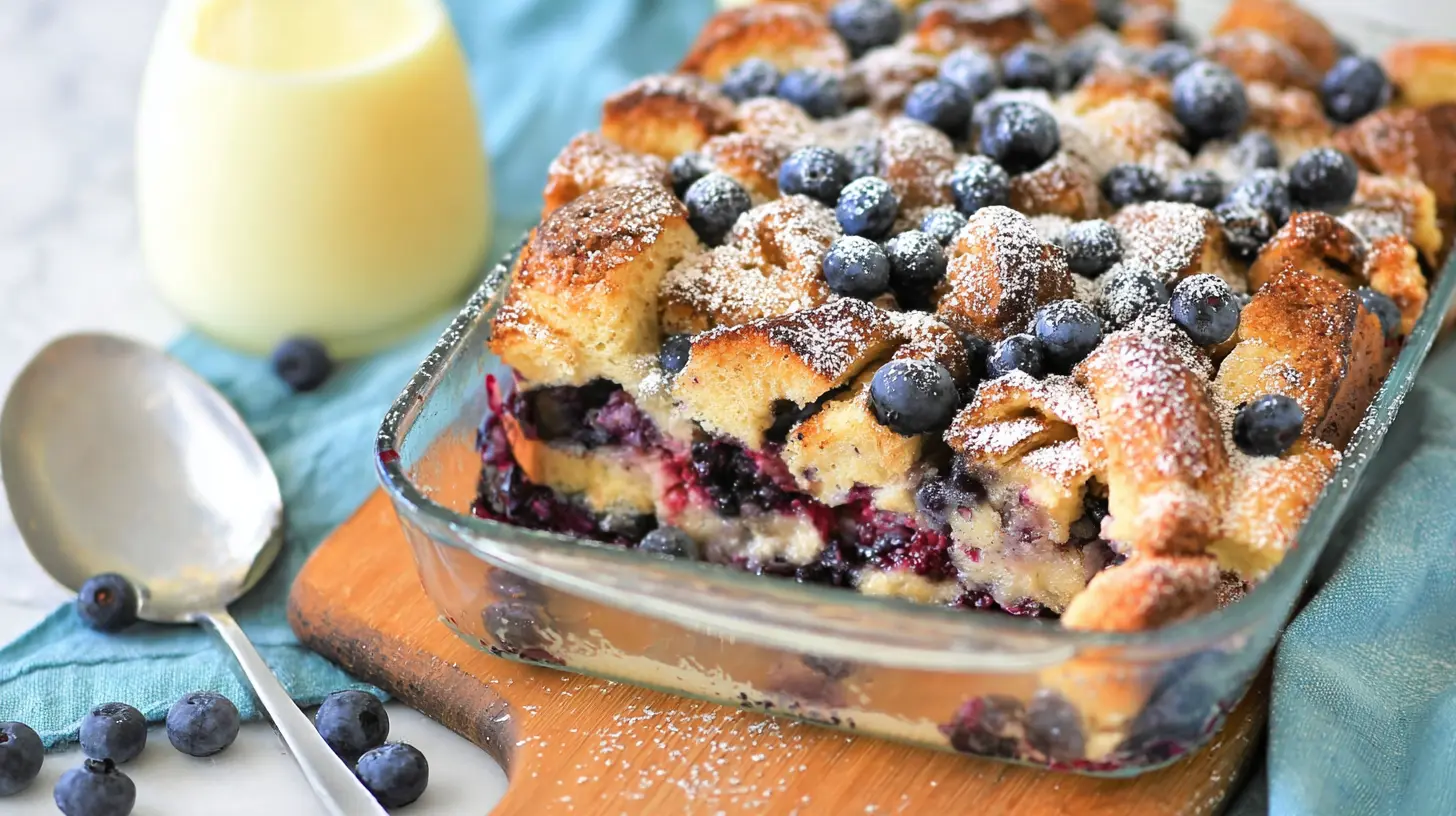 A delicious Blueberry Lemon French Toast Casserole, baked to golden perfection
