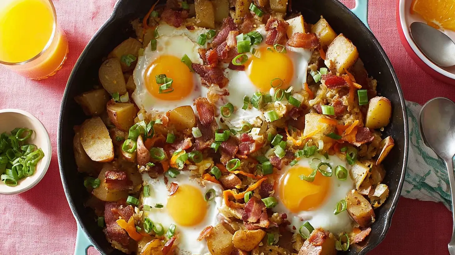 A hearty breakfast skillet filled with eggs, potatoes, and vegetables