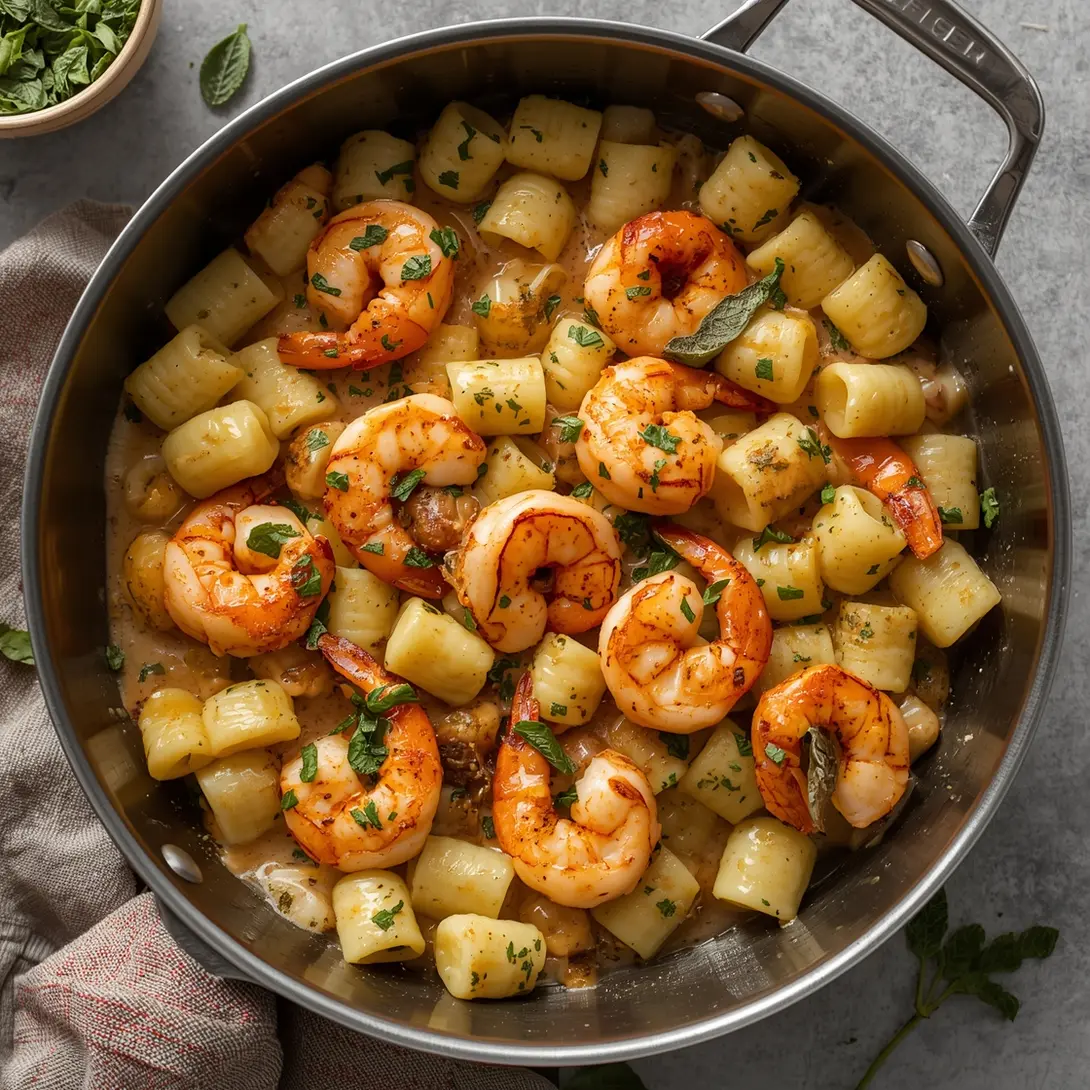 A close-up of brown butter sage shrimp with gnocchi in a skillet.