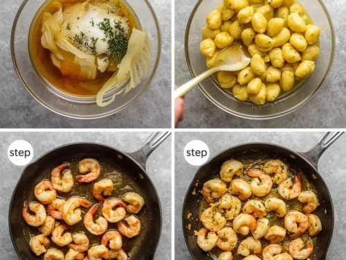 A close-up of brown butter sage shrimp with gnocchi in a skillet.