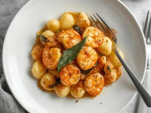 A close-up of brown butter sage shrimp with gnocchi in a skillet.