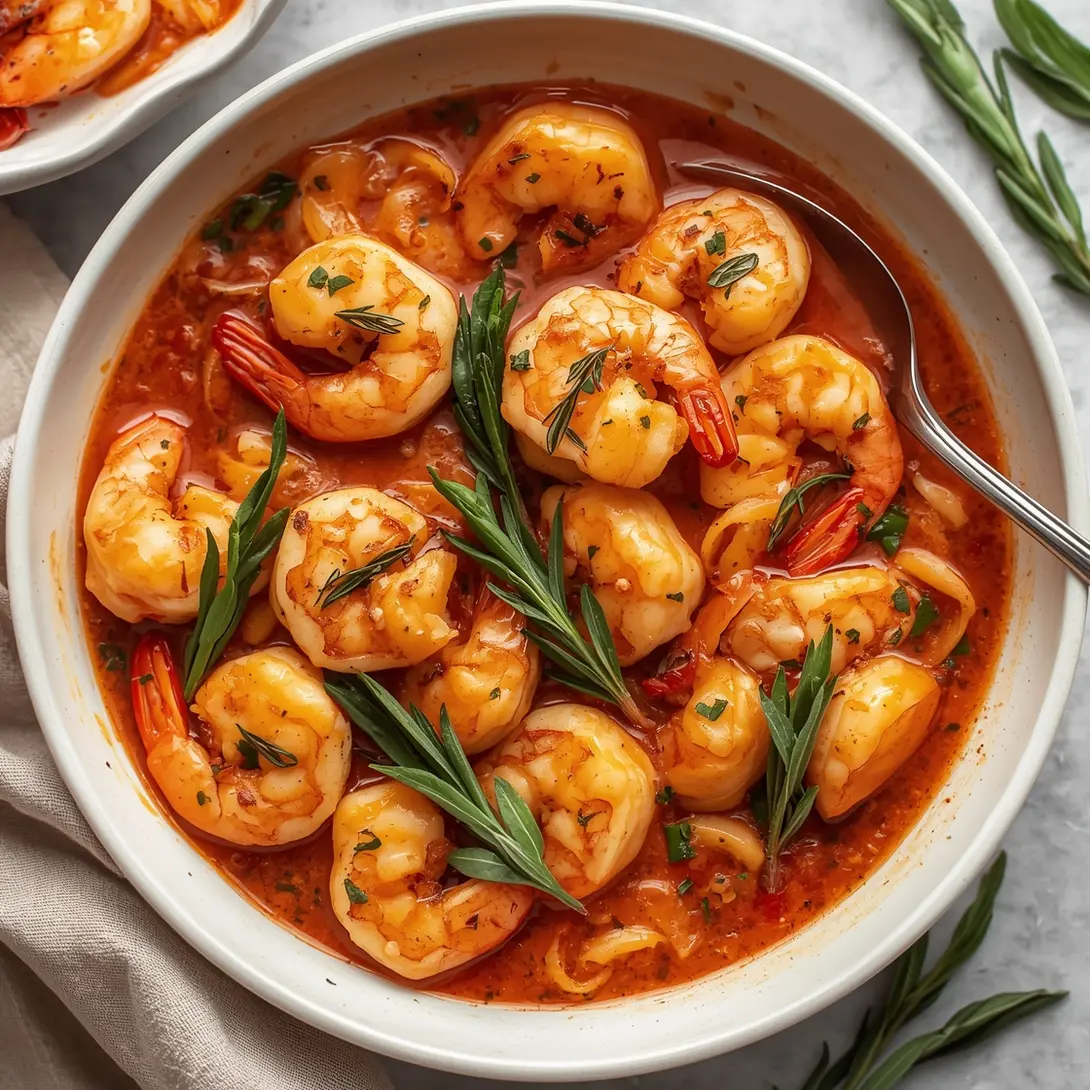 A close-up of brown butter sage shrimp with gnocchi in a skillet.