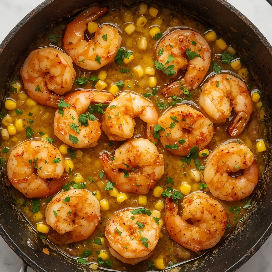 A close-up shot of a steaming skillet of Cajun garlic butter shrimp with corn kernels and chopped parsley.