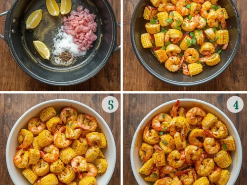 A close-up shot of a steaming skillet of Cajun garlic butter shrimp with corn kernels and chopped parsley.