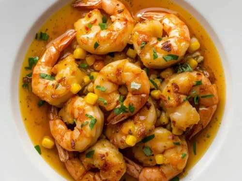 A close-up shot of a steaming skillet of Cajun garlic butter shrimp with corn kernels and chopped parsley.