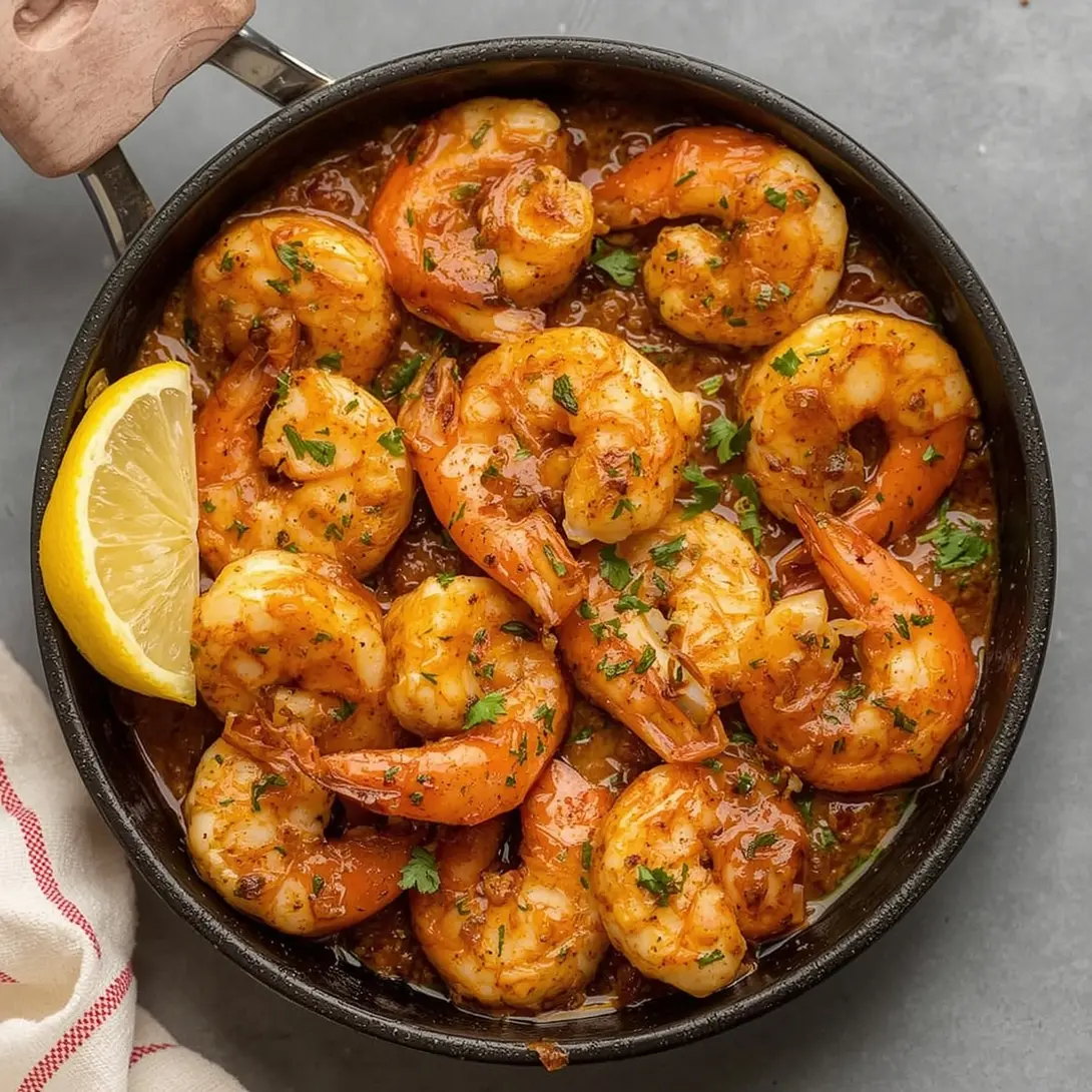 A close-up shot of a steaming skillet of Cajun garlic butter shrimp with corn kernels and chopped parsley.