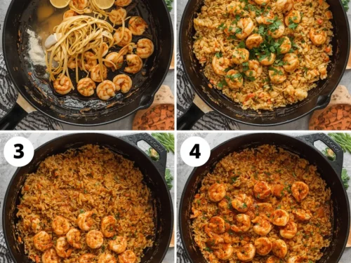 A vibrant Cajun shrimp and rice skillet with colorful peppers and herbs.