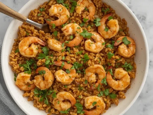 A vibrant Cajun shrimp and rice skillet with colorful peppers and herbs.