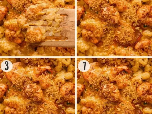 A bowl of rich Cajun Shrimp Mac and Cheese, showcasing plump shrimp and creamy pasta.