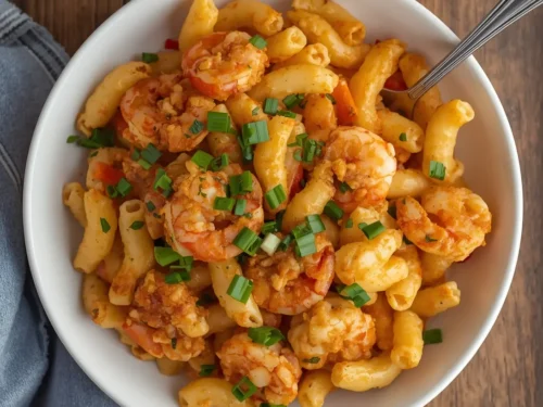 A bowl of rich Cajun Shrimp Mac and Cheese, showcasing plump shrimp and creamy pasta.