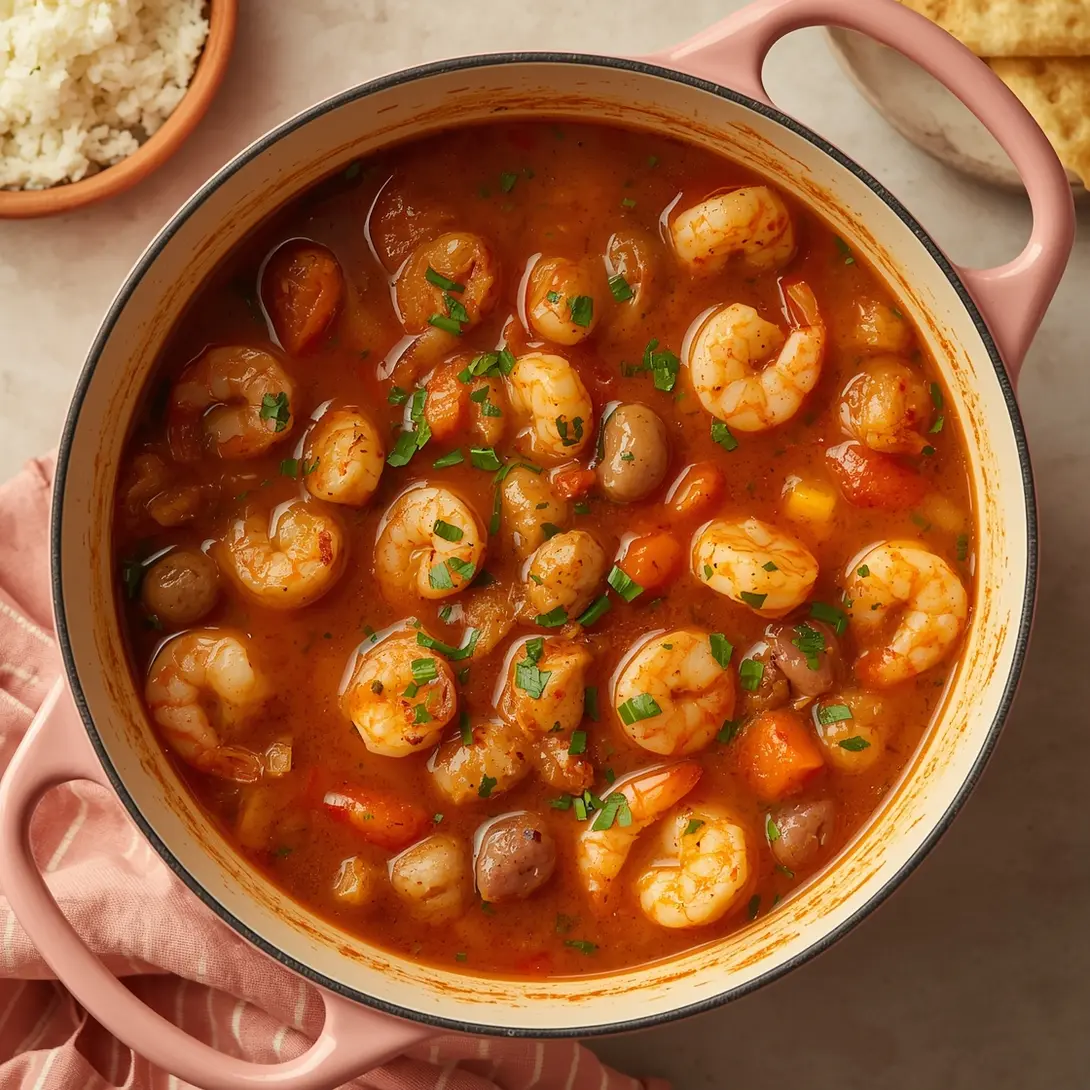 A steaming Cajun shrimp and sausage gumbo pot.