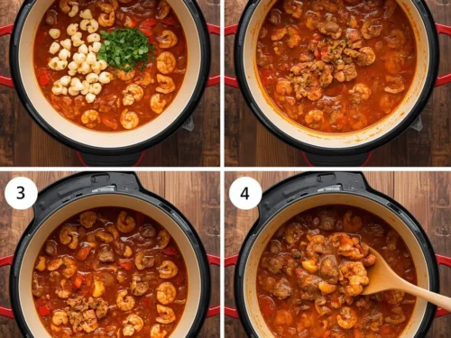 A steaming Cajun shrimp and sausage gumbo pot.