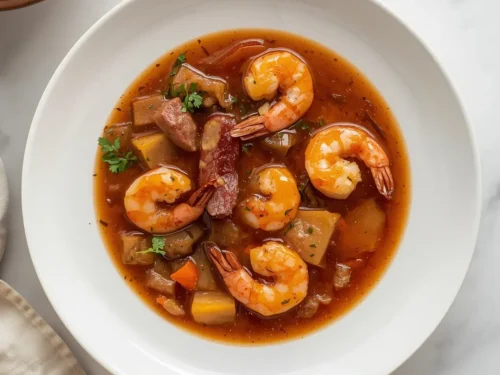 A steaming Cajun shrimp and sausage gumbo pot.