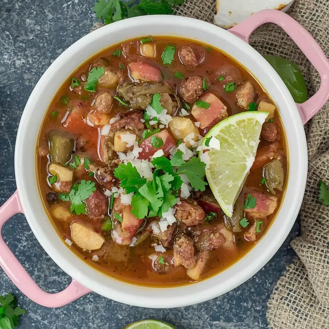 A steaming Cajun shrimp and sausage gumbo pot.